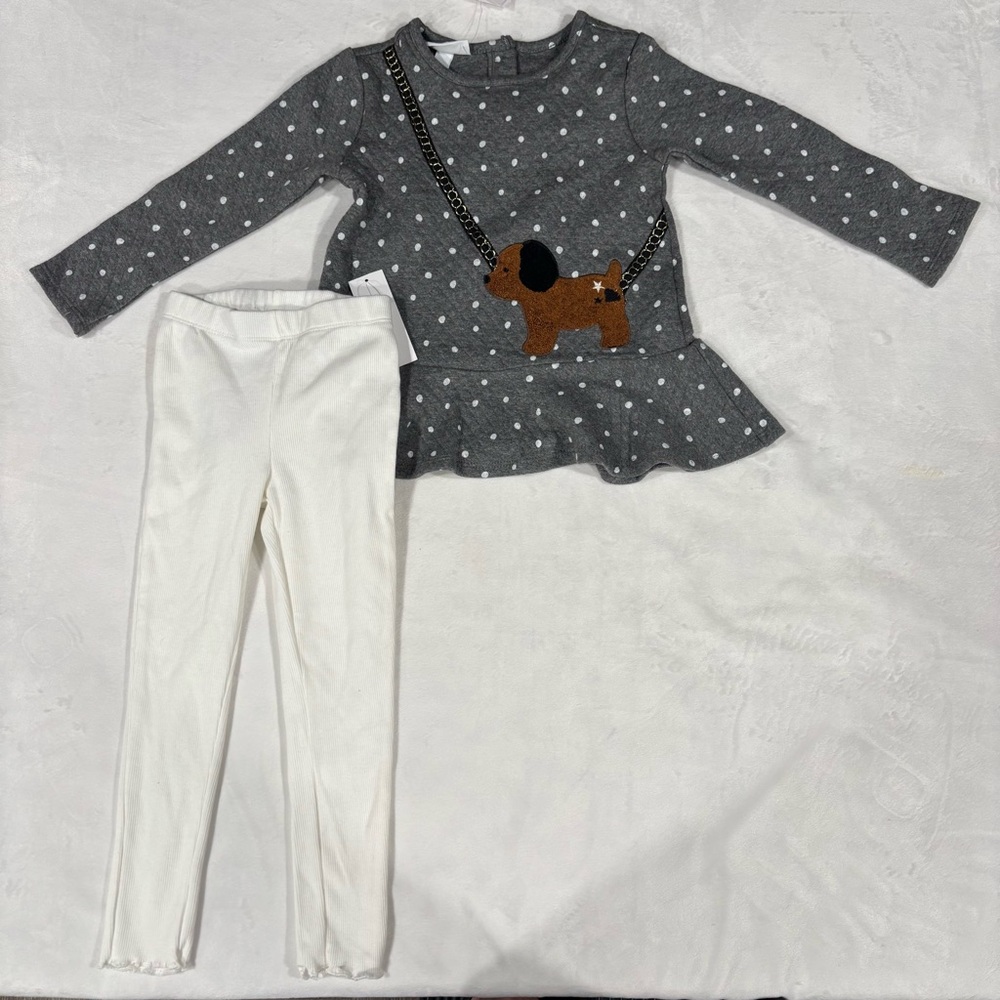 Girls Kids Headquarters Gray and White Polka Dot matching Set with dog accent - Picture 2 of 6